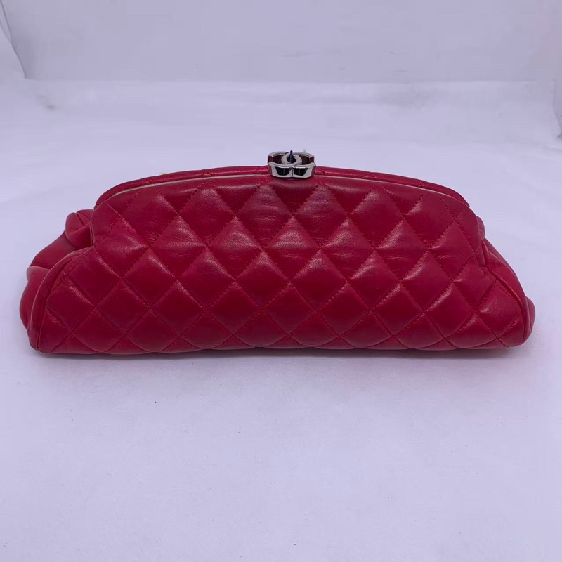 二手Chanel菱格保齡球手拿包晚宴包紅色羊皮,沒配件-0