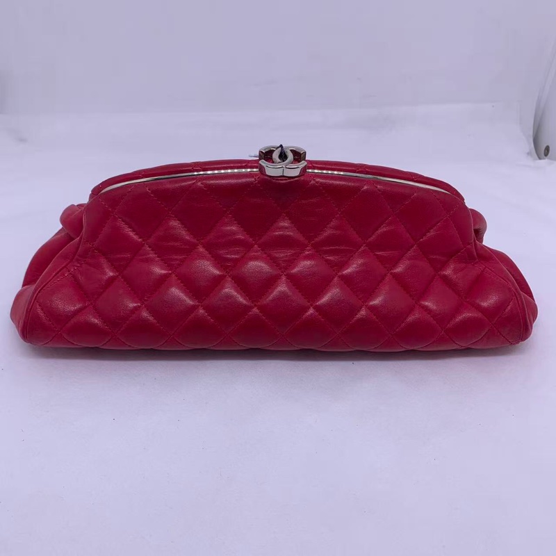 二手Chanel菱格保齡球手拿包晚宴包紅色羊皮,沒配件-1