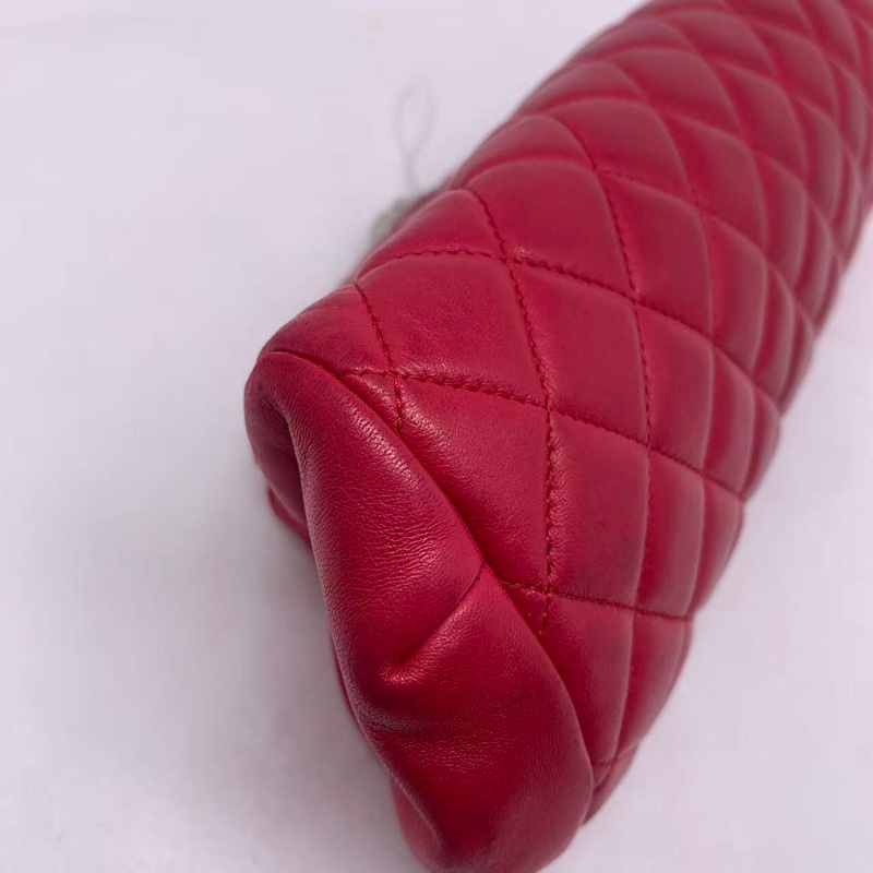 二手Chanel菱格保齡球手拿包晚宴包紅色羊皮,沒配件-13