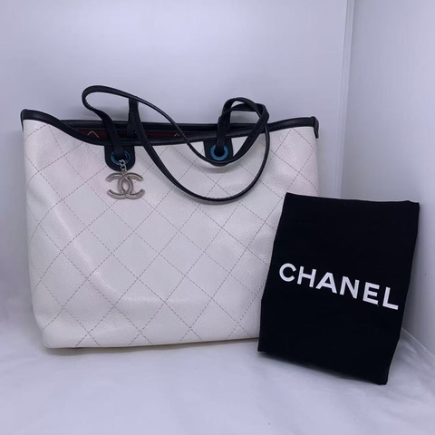 二手Chanel香奈兒牛皮菱格紋tote包白色荔枝皮單肩包