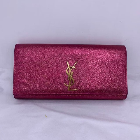 二手YSL晚宴包手拿包幻彩紫亮面羊皮，背面有伤痕修复补丁