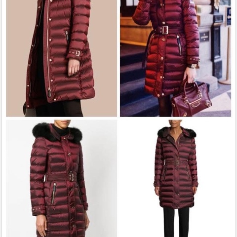 BURBERRY英國酒紅色鵝絨皮草連帽長大衣S