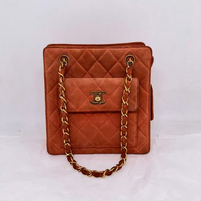 )二手Chanel香奈兒vintage琴譜迷你tote單肩包麂皮橘紅色-0