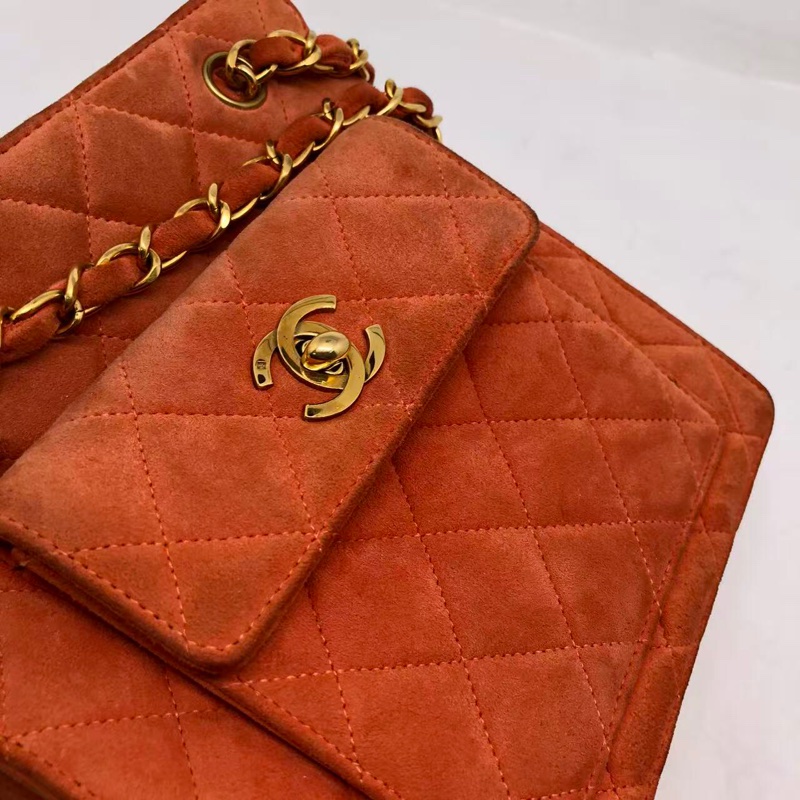 )二手Chanel香奈兒vintage琴譜迷你tote單肩包麂皮橘紅色-12