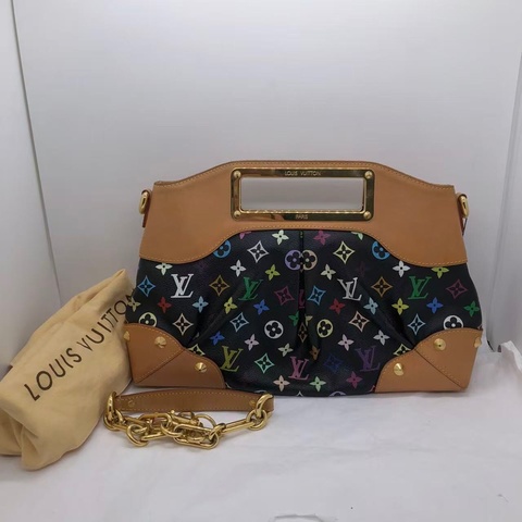 二手LV路易威登 黑三彩 LV黑三彩Judy中號 絕版手提腋下包 鏈條包 村上隆限定  輕微使用痕跡