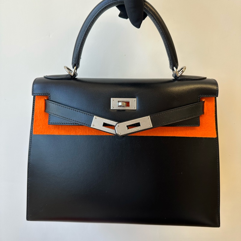 Hermès Kelly 28 黑銀 box 皮 菠蘿扣-1