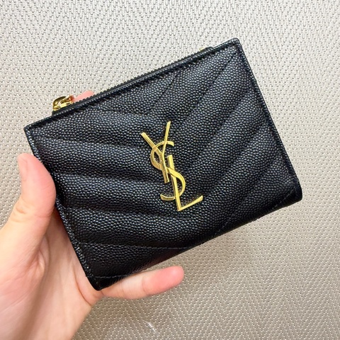 YSL 黑魚子醬牛皮金釦對釦短夾