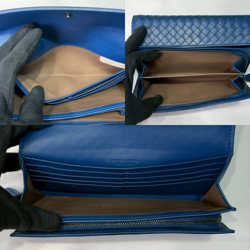 BV 藍色小羊皮編織扣式長夾-3