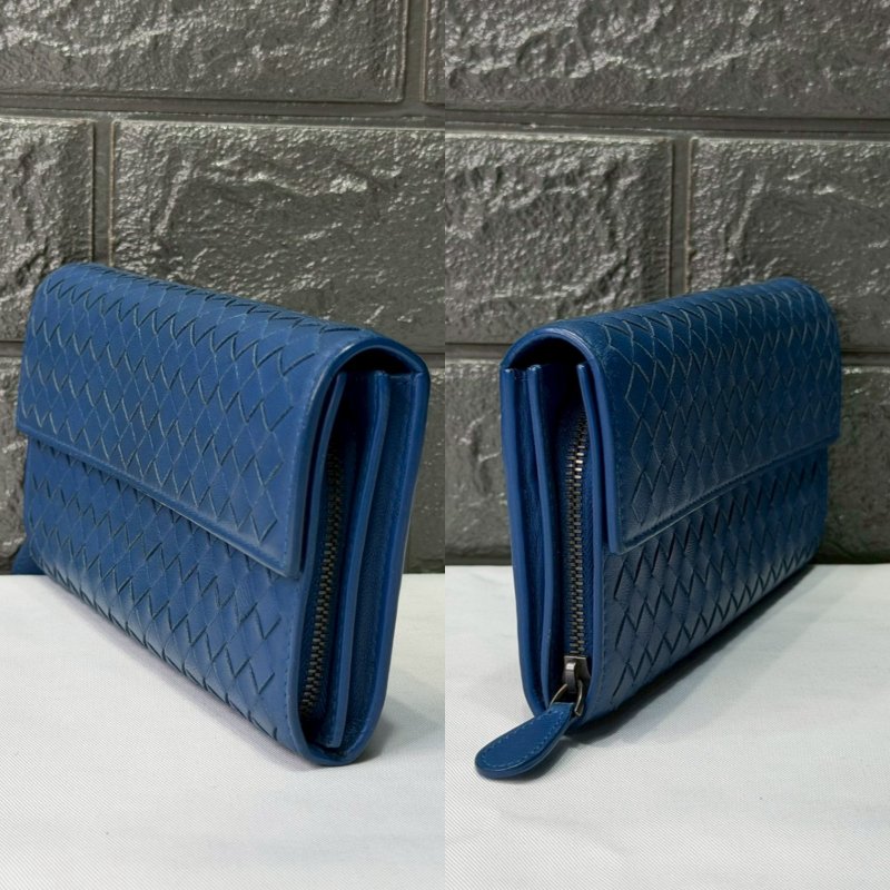 BV 藍色小羊皮編織扣式長夾-2