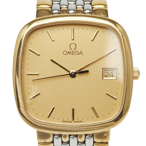 歐米茄碟飛系列男士石英腕錶，金色錶盤，不鏽鋼鍍層錶殼