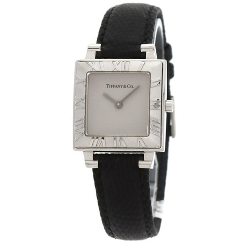 Tiffany Atlas 方形錶盤腕錶，銀色皮革錶帶，女士款
