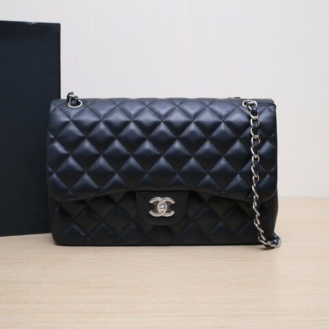 CHANEL CF口蓋包JUMBO30羊皮22開黑色銀扣肩背包