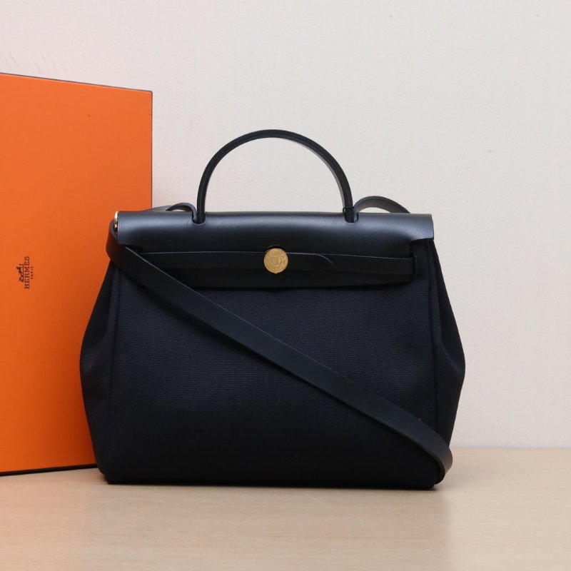 HERMES Herbag3189黑色帆布D刻金扣肩背包-0