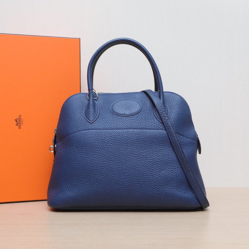 HERMES Bolide保齡球包317E明藍色TC皮框N銀扣肩背包-0