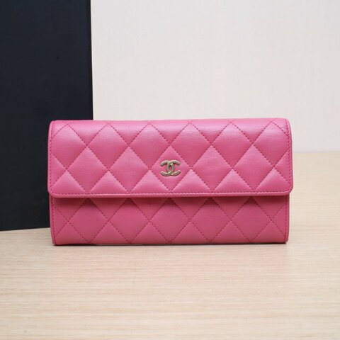 CHANEL 紫紅色羊皮18開金扣CF長款錢包肩背包