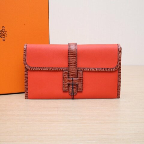 HERMES JigeElan手包219J火焰橙Swift皮/蜥蜴皮T刻銀扣肩背包