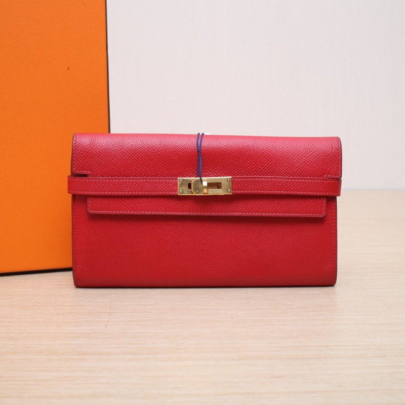 HERMES Kelly長款錢包Q5國旗紅Epsom皮框Q金扣肩背包-0