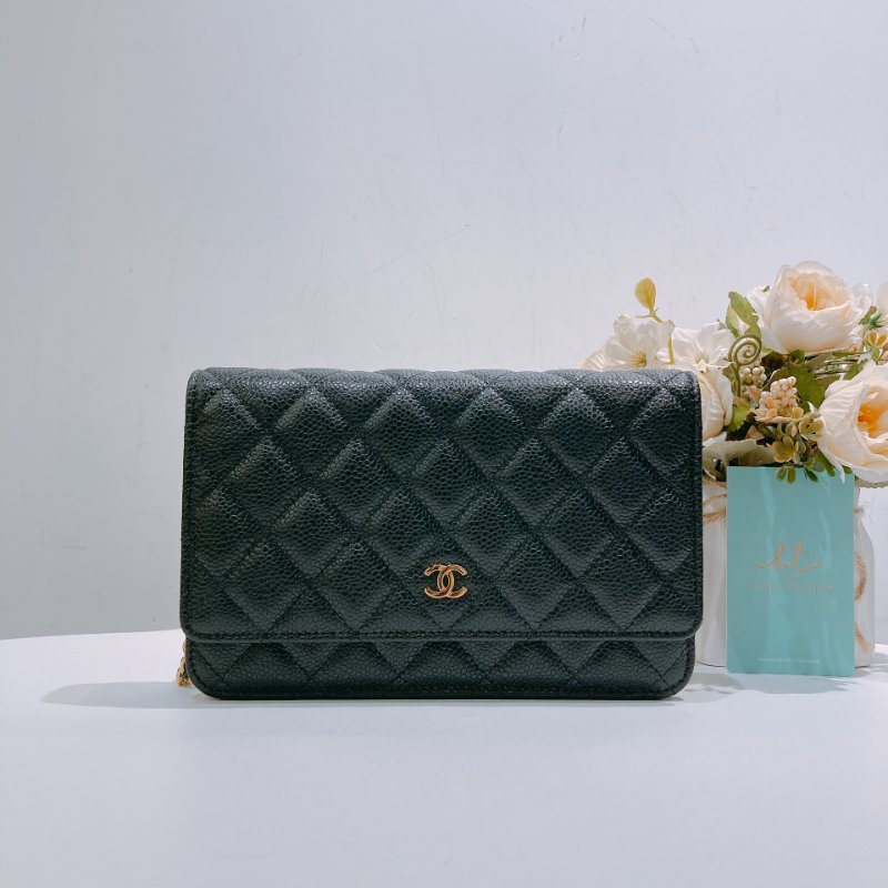 TW4557 Chanel 香奈兒荔枝皮 金色皮穿鏈肩背包 磁吸翻蓋 Wallet On Chain Caviar Black x GHW-0