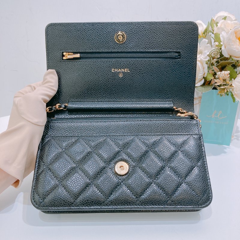 TW4557 Chanel 香奈兒荔枝皮 金色皮穿鏈肩背包 磁吸翻蓋 Wallet On Chain Caviar Black x GHW-10
