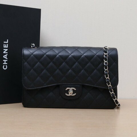 CHANEL CF口蓋包JUMBO30黑色荔枝牛皮28開銀扣肩背包