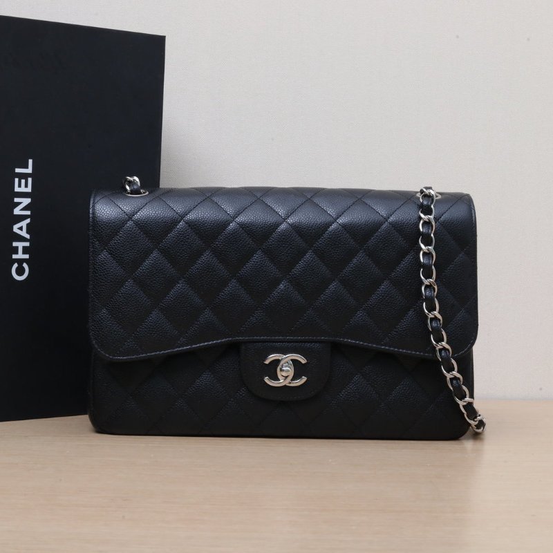 CHANEL CF口蓋包JUMBO30黑色荔枝牛皮28開銀扣肩背包-0