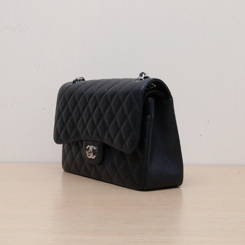 CHANEL CF口蓋包JUMBO30黑色荔枝牛皮28開銀扣肩背包-3