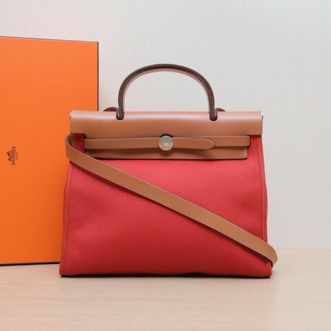 HERMES Herbag31S5番茄紅帆布A刻銀扣肩背包