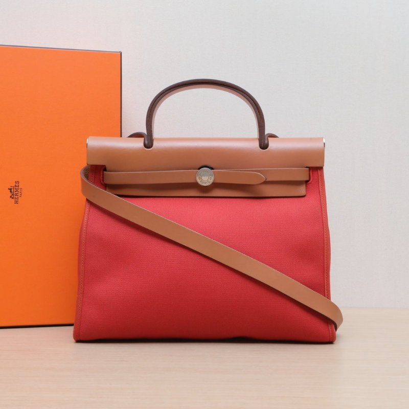 HERMES Herbag31S5番茄紅帆布A刻銀扣肩背包-0