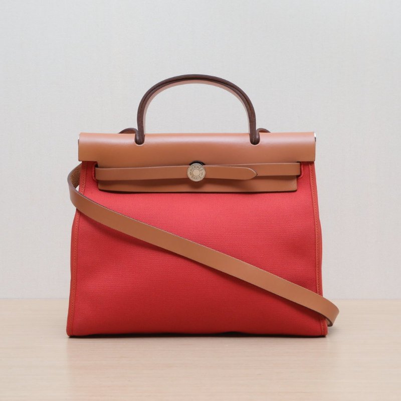 HERMES Herbag31S5番茄紅帆布A刻銀扣肩背包-1
