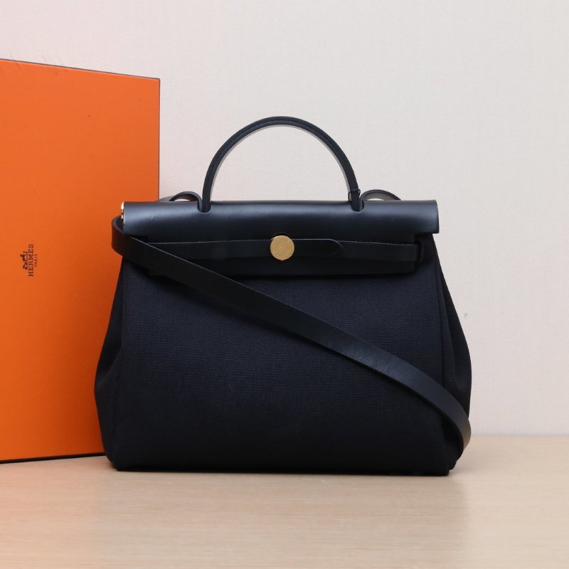 HERMES Herbag3189黑色帆布/Hunter牛皮Z刻金扣肩背包-0