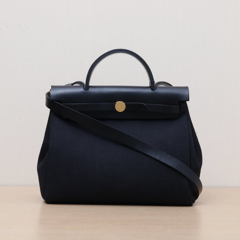 HERMES Herbag3189黑色帆布/Hunter牛皮Z刻金扣肩背包-1