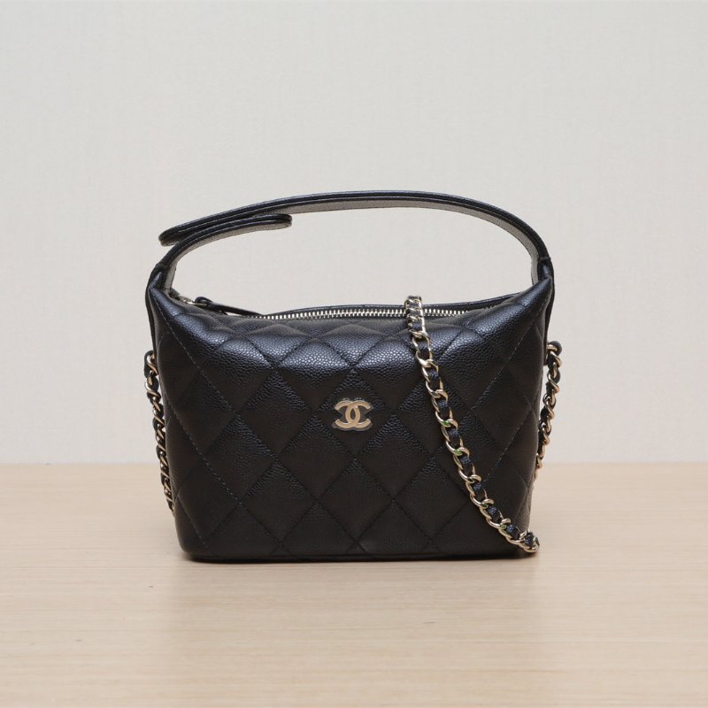 CHANEL 嬉皮HOBO飯盒包25C/16黑色荔枝牛皮鐳射標淺金扣菱格紋皮手柄肩背包-1