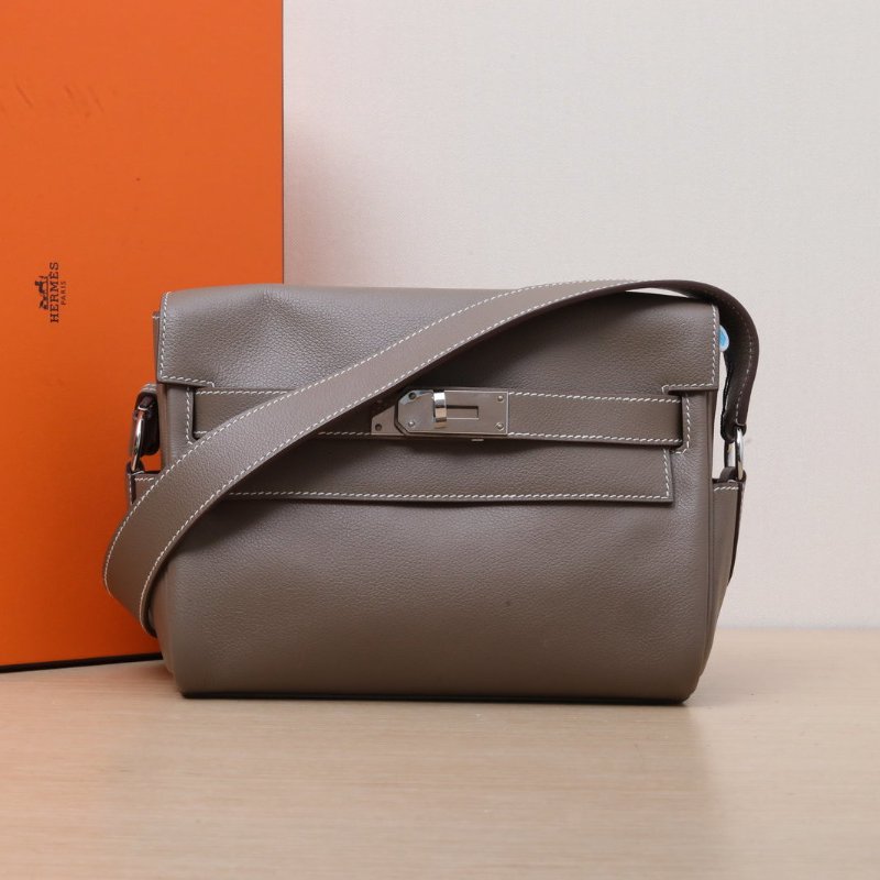 HERMES KellyMessengerPM小號2418大象灰EC皮W刻銀扣肩背包-0