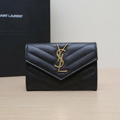 SAINT LAURENT 黑色牛皮金標Logo對折錢包肩背包
