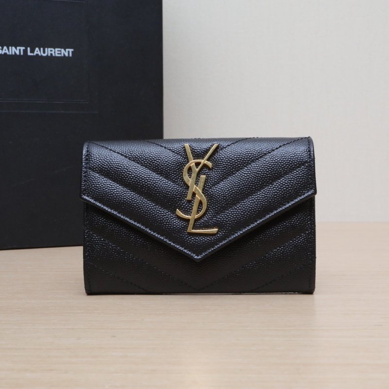 SAINT LAURENT 黑色牛皮金標Logo對折錢包肩背包-0