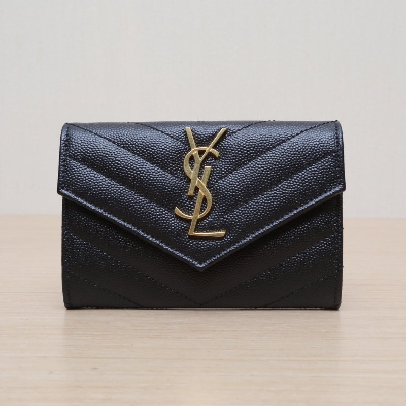 SAINT LAURENT 黑色牛皮金標Logo對折錢包肩背包-1