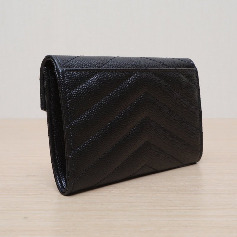 SAINT LAURENT 黑色牛皮金標Logo對折錢包肩背包-4