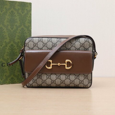 GUCCI 馬銜扣1955相機包小號老花PVC金扣肩背包