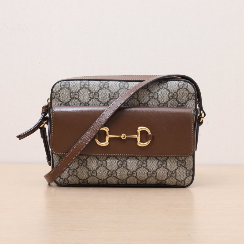 GUCCI 馬銜扣1955相機包小號老花PVC金扣肩背包-1