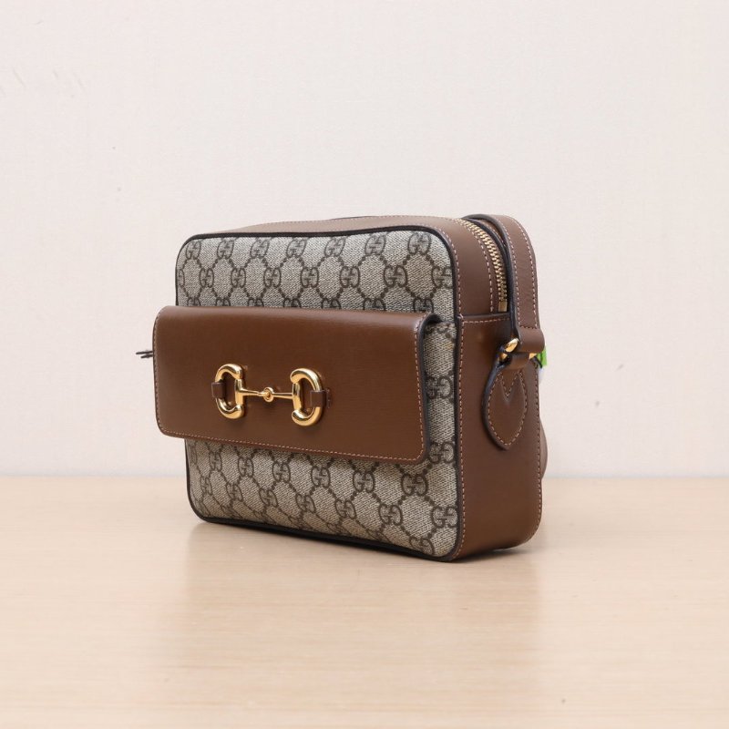 GUCCI 馬銜扣1955相機包小號老花PVC金扣肩背包-3