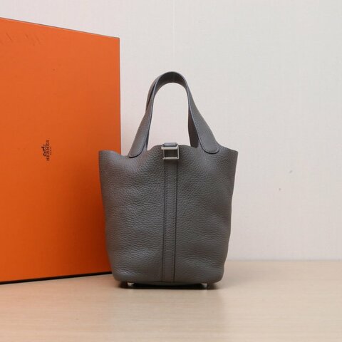 HERMES Picotin菜籃子188F錫器灰TC皮Y刻銀扣肩背包
