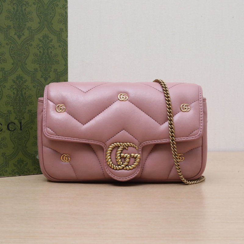 GUCCI 粉色羊皮金扣GGMarmont肩背包Mini22鉚釘泡芙包帶子袋肩背包-0