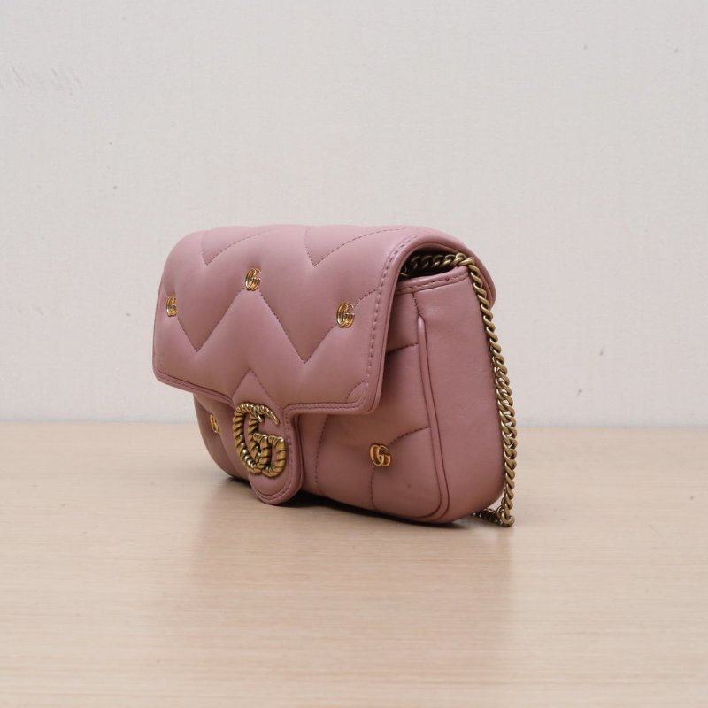 GUCCI 粉色羊皮金扣GGMarmont肩背包Mini22鉚釘泡芙包帶子袋肩背包-3
