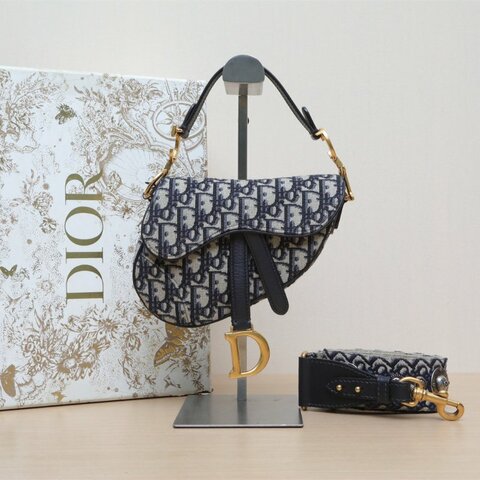 DIOR SADDLE馬鞍小號21配肩帶墨藍色帆布金扣2019Oblique印花肩背包