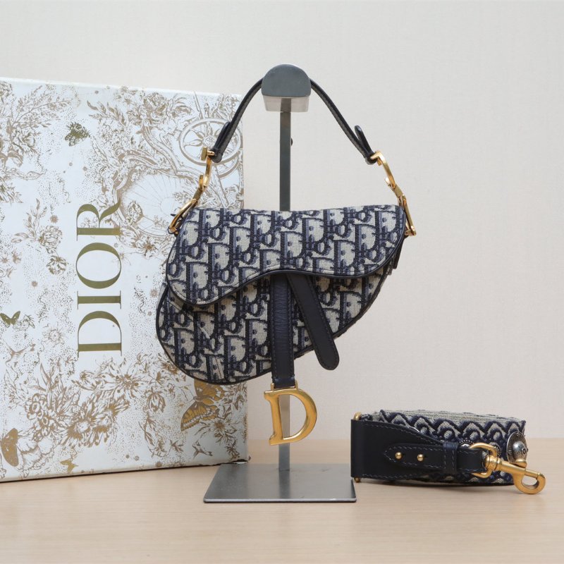DIOR SADDLE馬鞍小號21配肩帶墨藍色帆布金扣2019Oblique印花肩背包-0