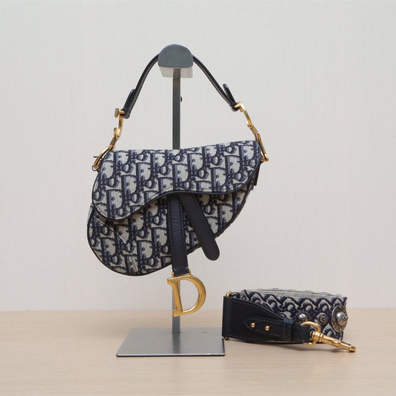 DIOR SADDLE馬鞍小號21配肩帶墨藍色帆布金扣2019Oblique印花肩背包-1