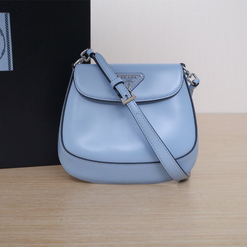 PRADA Cleo翻蓋式單肩包亮面皮革小號藍色牛皮銀扣肩背包-0