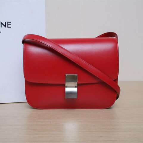CELINE ClassicBox中號紅色牛皮銀扣肩背包