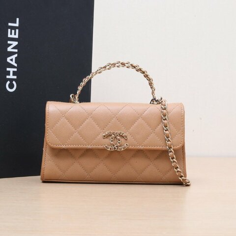 CHANEL 23P手柄Kelly19奶茶色荔枝牛皮鐳射標金扣雙皮穿鏈交叉手柄肩背包