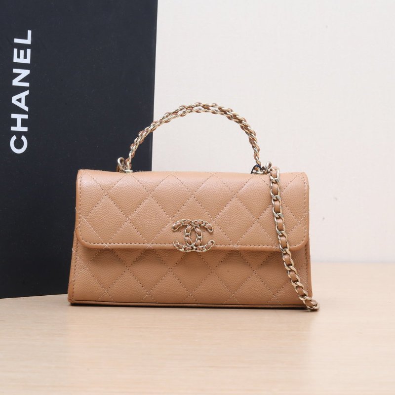 CHANEL 23P手柄Kelly19奶茶色荔枝牛皮鐳射標金扣雙皮穿鏈交叉手柄肩背包-0